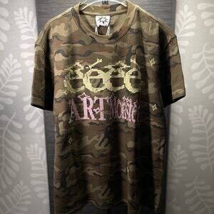 Vintage Camouflage Thermal T-Shirt Size S/M Green Pink Yellow Y2K Streetwear